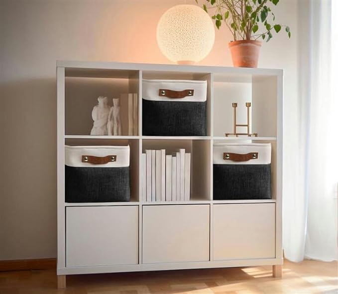 DECOMOMO Storage Bins Fabric Storage Baskets for Shelves, Linen Closet Organization Toys Nursery (Black and White, Large - 3 Pack)