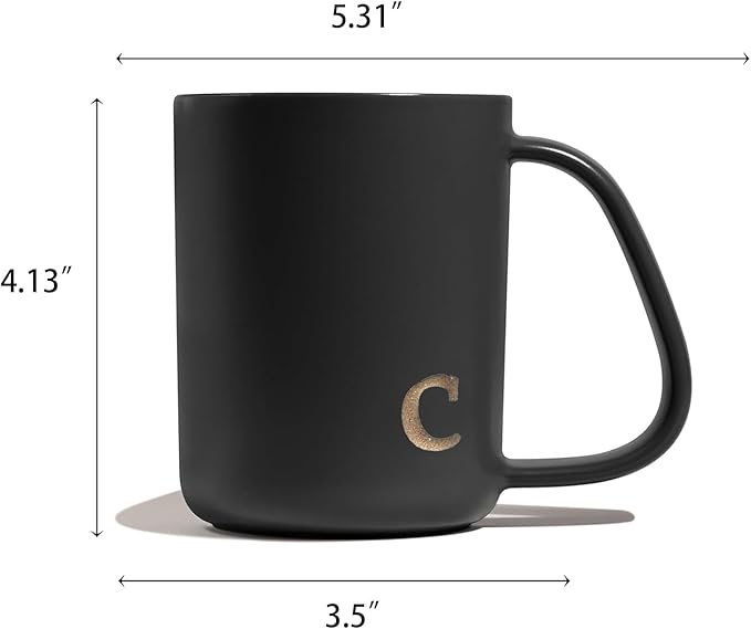 COLLECTIVE HOME - Ergonomic Handle Ceramic Mug, 15 oz Personalized Coffee Cup with Golden Initial, Microwave & Dishwasher Safe, Elegant Monogram Tea Mug in Gift Box for Home & Office (Black-c)