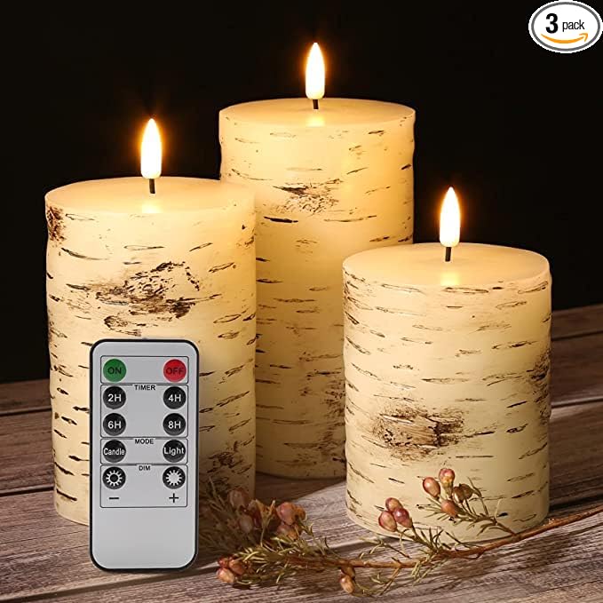 Eywamage Birch Bark Flameless Pillar Candles with Remote, Flickering Rustic Battery LED Wood Candles Set of 3