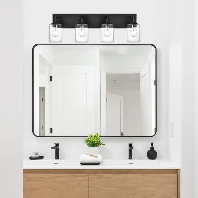 4-Lights Bathroom Vanity Light Fixtures, Black Modern Wall Lighting Over Mirror with Clear Glass Shade (E26 Bulb Base)
