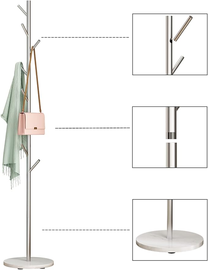 Silver Coat Racks, Metal Coat Rack Freestanding with Hooks, Entryway Coat Rack Stand, Coat Racks with Marble Base, Coat Tree for Hanging Clothes, Hats, Bags