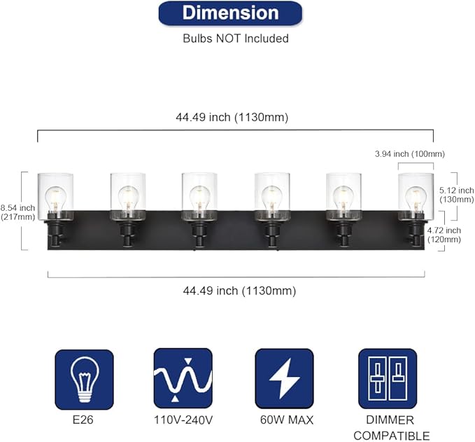 6-Lights Vanity Lights for Bathroom with Clear Glass Shades, Black Bathroom Light Fixtures Over Mirror for Bedroom Hallway (E26 Bulb Base)