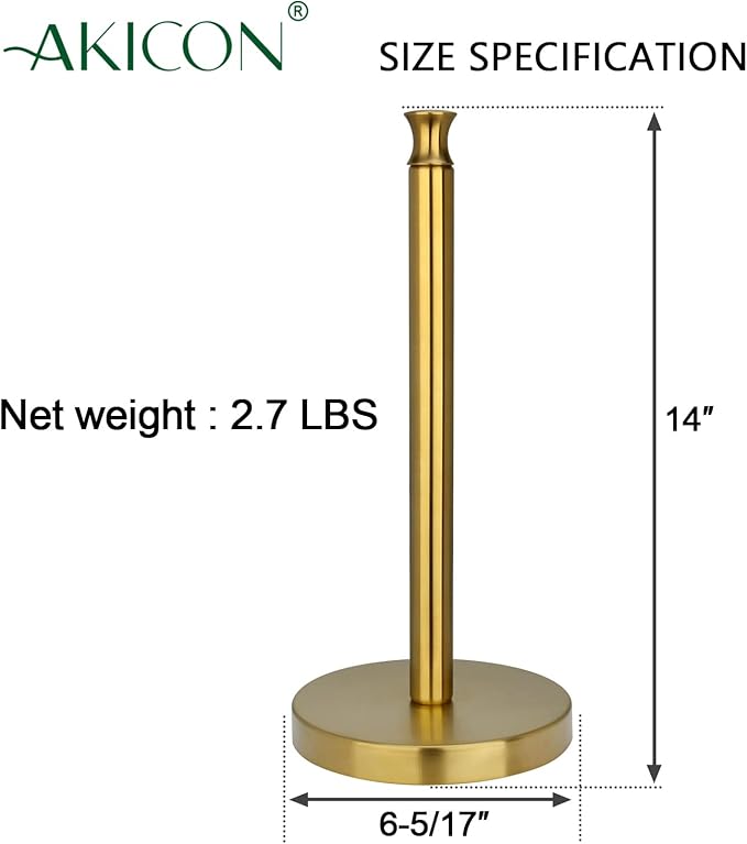 Akicon Paper Towel Holder Stand for Kitchen Countertop & Dining Room Table (Brushed Gold Brass Paper Towel Holder Stand, Modern)