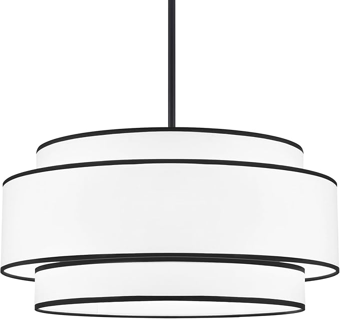 19.7'' Modern Drum Chandeliers,Black Chandeliers for Dining Room Hanging Light Fixtures,3-Tier Drum Pendant Light Over Island,6-Light White Fabric Chandeliers for Kitchen Living Room Entryway Bedroom