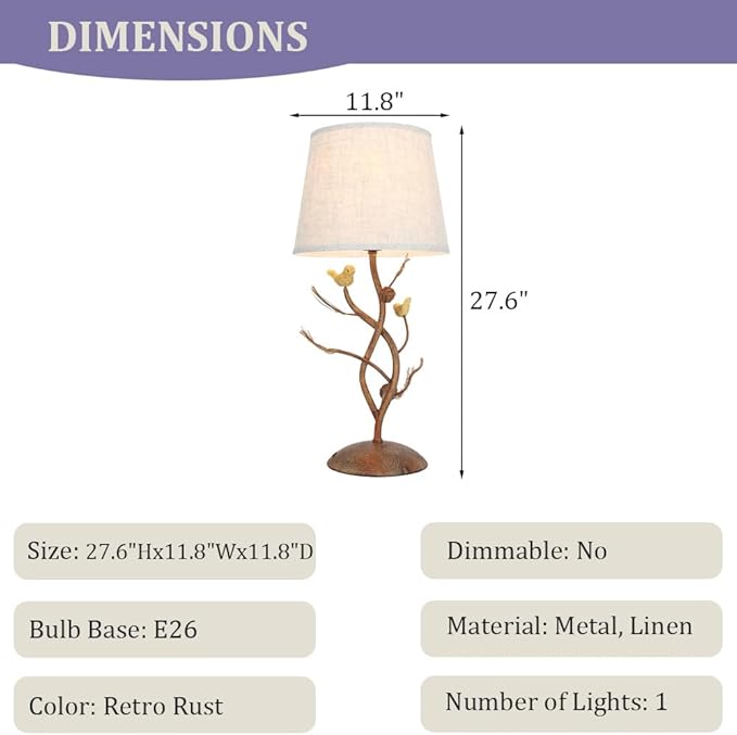 Meefad Classy Bird Table Lamp, Cute Bedside Lamps with Linen Shade, Metal Nightstand Lamp, Branches Decorative Desk Lamp for Bedroom Living Room, Home Office