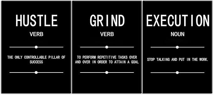 Inspirational Quotes Grind Verb Hustle Verb Execution Noun Motivational Painting Wall Art 3 Pieces Canvas Print Inspiring Office Decor Poster Framed for Wall Art Decoration Ready to Hang[36''Wx 16''H]