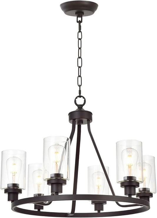 MELUCEE 6-Light Glass Chandelier Farmhouse Lighting, Kitchen Island Lighting Dining Room Light Fixtures Hanging Glass Pendant Light Oil Rubbed Bronze Finished
