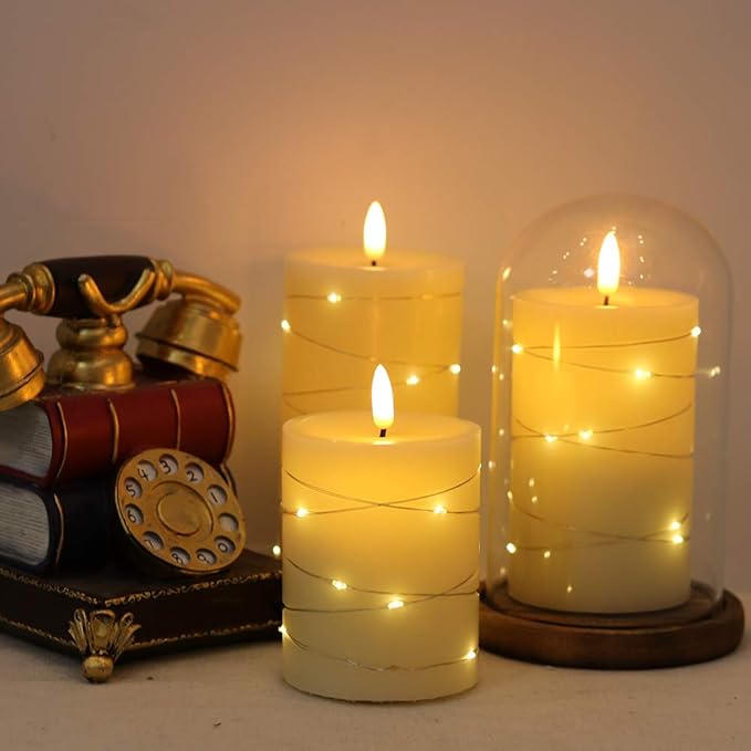 Eldnacele Flameless Candles Battery Operated with Remote and Timer, 3D Wick Flickering Embedded String Lights Real Wax LED Pillar Candles Christmas Holiday Dinner Decor Set of 3 (D3”x H4” 5” 6”)