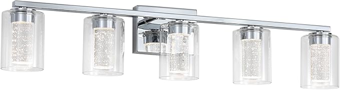 5 Light Chrome Bathroom Light Fixture, Dimmable 5CCT Chrome Bathroom Vanity Lights, 2700K-6500K Modern Crystal Bubble LED Wall Sconce Over Mirror with Clear Glass for Bedroom, Living Room