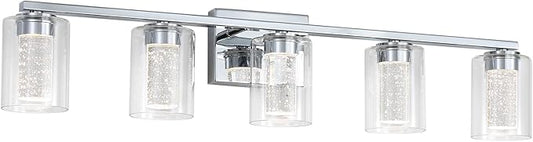 5 Light Chrome Bathroom Light Fixture, Dimmable 5CCT Chrome Bathroom Vanity Lights, 2700K-6500K Modern Crystal Bubble LED Wall Sconce Over Mirror with Clear Glass for Bedroom, Living Room