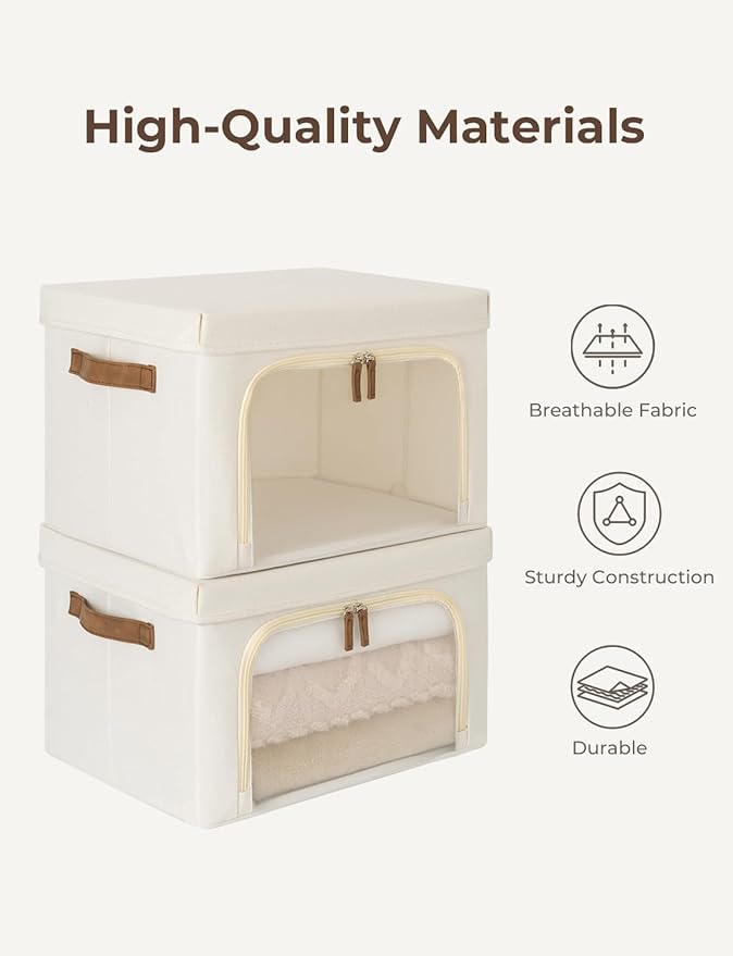 StorageWorks Storage Bins with Lids, Decorative Boxes with Clear Window for Clothes, Fabric Collapsible Baskets for Closet Organization, Medium, Beige, 3 Packs