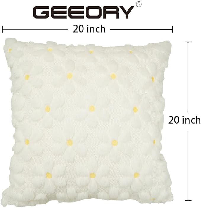 GEEORY Daisy Soft Plush Pillow Covers, 20 x 20 Inch Set of 2, Fluffy Faux Fur Wool Decorative Farmhouse Cushion Case for Sofa Home Decoration Cream GC030-20