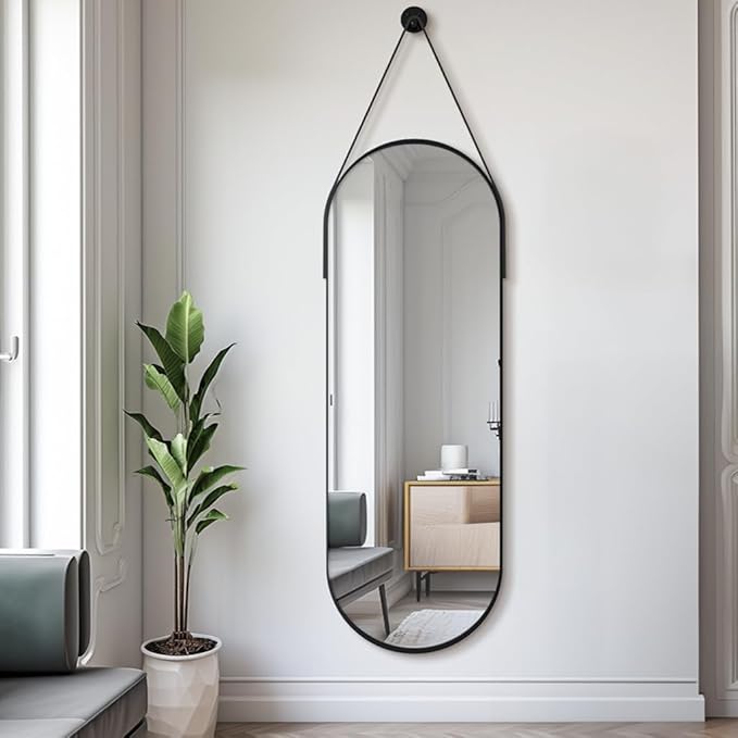 16"x48" Oval Full Length Mirror with Leather Strap Hanging Mirror with Aluminum Frame, Oval Wall-Mounted Mirrors for Living Room Bedroom Entryway Décor, Black