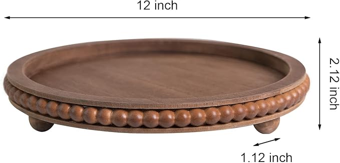 12in Round Wood Beaded Tray - Brown, Distressed Finish - Farmhouse Boho Style - Decorative Tray for Living Room, Coffee Table, Kitchen Table or Serving Tray