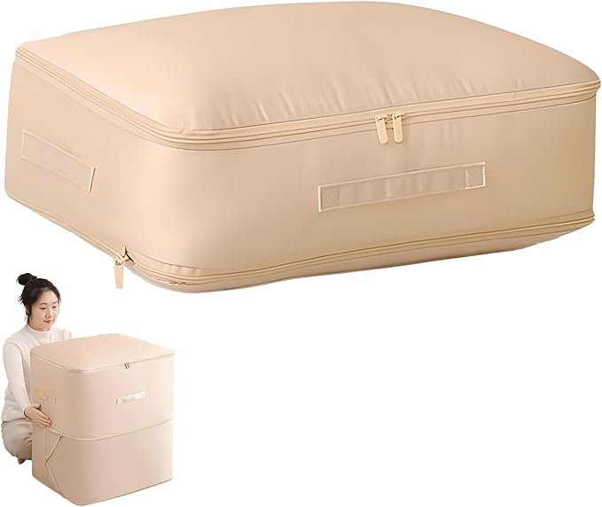 Dustproof and Moisture-proof Compression Storage Bag, Ultra Space Saving Self Compression Organizer, Comforter Storage Bag, Blanket Storage, Folding Organizer bag for Bedding/Quilt(Apricot, M)