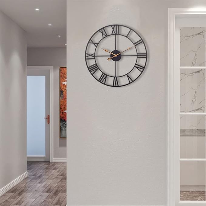 Large Industrial Wall Clock with Roman Numerals, Indoor Silent Non-Ticking Retro Clock, Vintage Metal Decorative Black Metal Art Clock Battery Operated for Home Kitchen Cafe Hotel Office Decor
