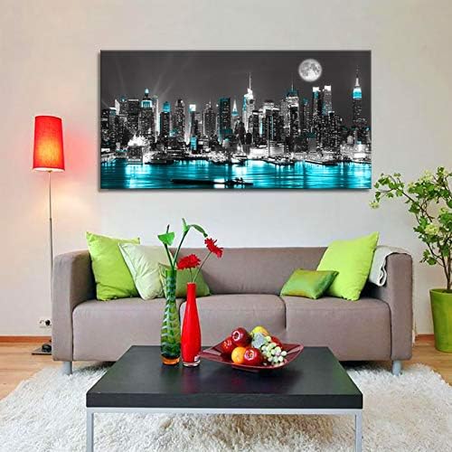 Canvas Wall Art Blue sea New York Paintings Wall Art,Black and White Stretched Wall Art for Bedroom Artwork Canvas Art Prints, 20"x40"Wall Decoration Painting Bedroom Wall Decor Office, Ready to Hang
