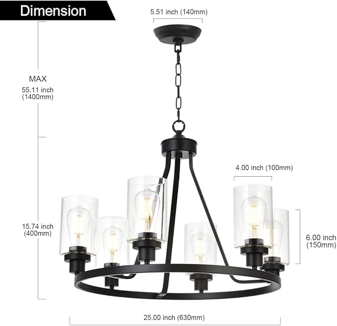 MELUCEE 6-Light Chandeliers for Dining Room, Farmhouse Lighting Black Light Fixtures Ceiling Hanging Industrial Pendant Light for Kitchen Island Bedroom Living Room