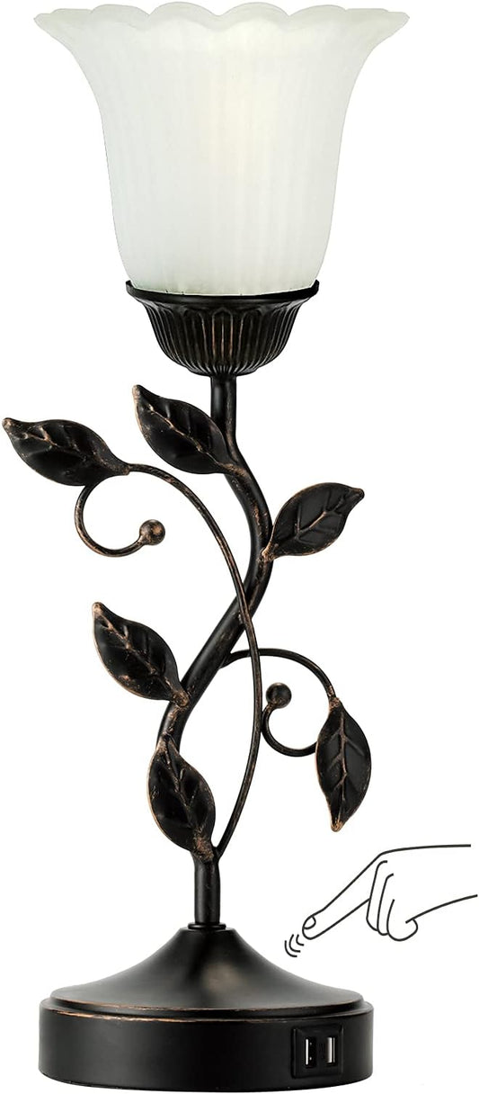 RORIANO Touch Bedside Lamp with 2 USB Charging Ports, 3-Way Dimmable Nightstand Lamps, White Glass Shade Vintage Rural Leaf Lamp for Living Room Tabletop Bedroom Side Table, LED Bulb Included