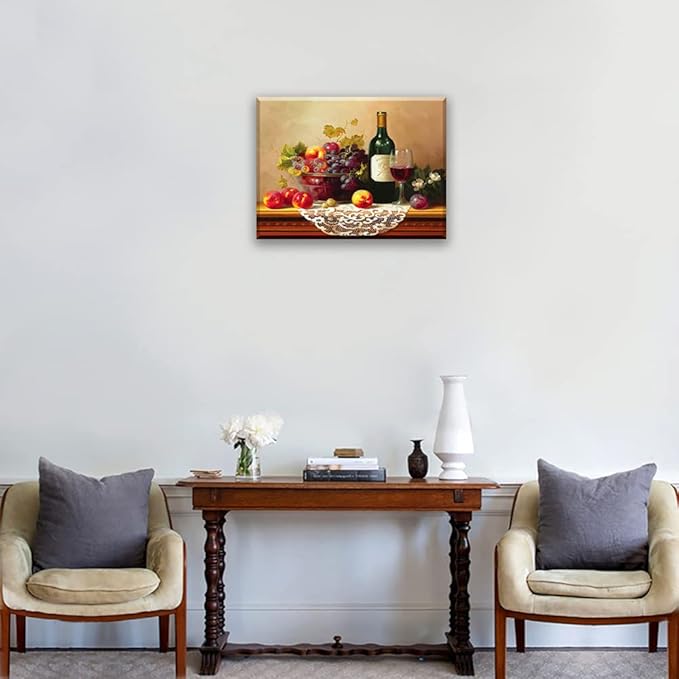 Retro Wine Pictures for Kitchen, PIY Vibrant Fruits Wall Art for Dining Room, Canvas Prints Oil Painting Reproduction of Vintage (Waterproof Artwork, Bracket Mounted Ready to Hang)