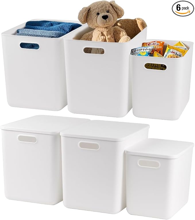 DOUKE White Large Plastic Storage Bins with Lids, 30qt & 16qt Closet Organizers and Storage Tubs, 12" Deep Lidded Aesthetic Storage Containers(4XL+2L)