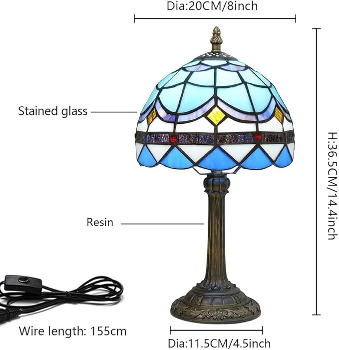 Tiffany Lamp 8 Inch Small Stained Glass Table Lamp Blue Mediterranean Handmade Warm Reading Bedside Lamp Dining Room Bedroom Living Room Office Study Tiffany Style Retro Home Decoration Crafts（feath）