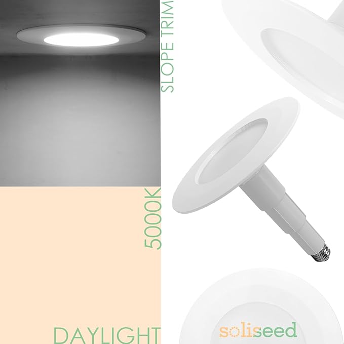 Soliseed 5/6 Inch Retrofit LED Recessed Lighting,12W=60W,5000K Daylight,800LM,Height Adjustable Retrofit Downlight ETL Damp Rated,Dimmable,Bevel Trim,Recessed Lights Easy Install,6-Pack