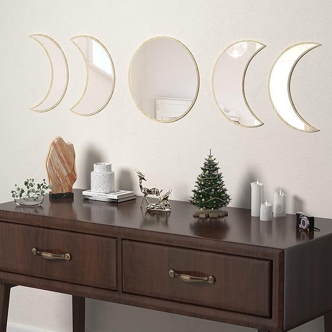 Stylish Moon Phase Wall Mirrors Set – 5-Piece Decorative Acrylic Bohemian Mirrors for Home Decor, Living Room & Bedroom Room(RAW)
