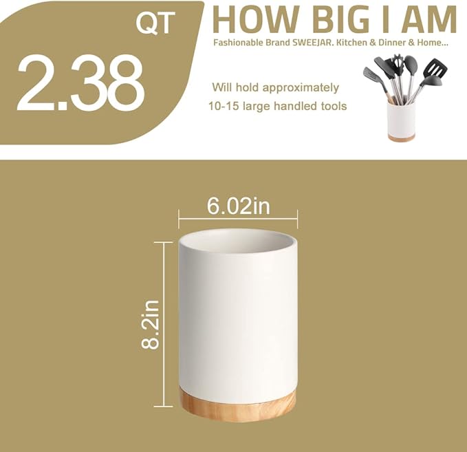 Sweejar Kitchen Utensil Holder with Wooden Bottom, 8.2" Ceramic Utensil Crock to Hold Spatulas for Cooking Countertop, Housewarming, Wedding, Birthday Gift (Gray)