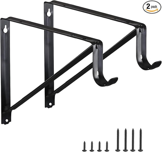 HOME MASTER HARDWARE Heavy Duty Closet Rod Brackets 2 Pack, Wall Mounted Shelf Bracket with Rod Shelving Support, 11 x 9.5 in Shelves Support Brace with Hook Black with Screws