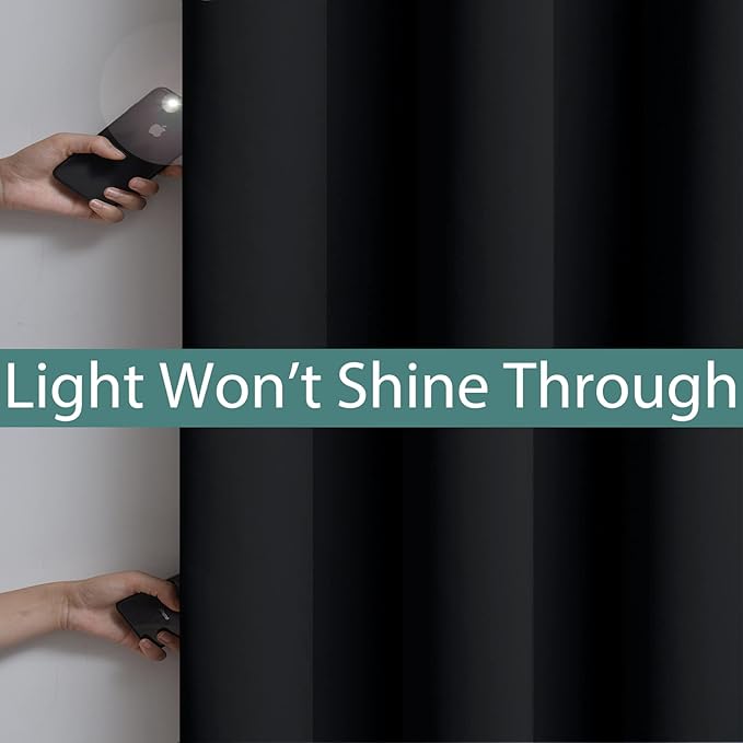 Yakamok 90 Inch Length 100% Blackout Curtains for Bedroom, 2 Thick Layers Thermal Insulated Grommet Total Blackout Drapes with Black Liner for Living Room (52Wx90L,Black, 2 Panels)