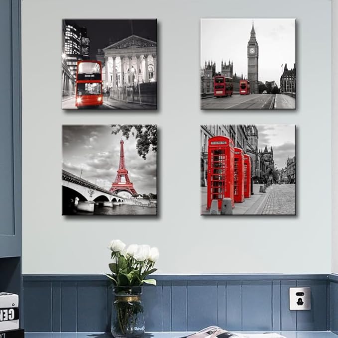 Black and White City Landscape Wall Art for Bedroom Red Street Scenery Canvas Decor for Bathroom Paris Eiffel Tower Pictures Prints London Big Ben Artwork for Living Room Office 16"x16"