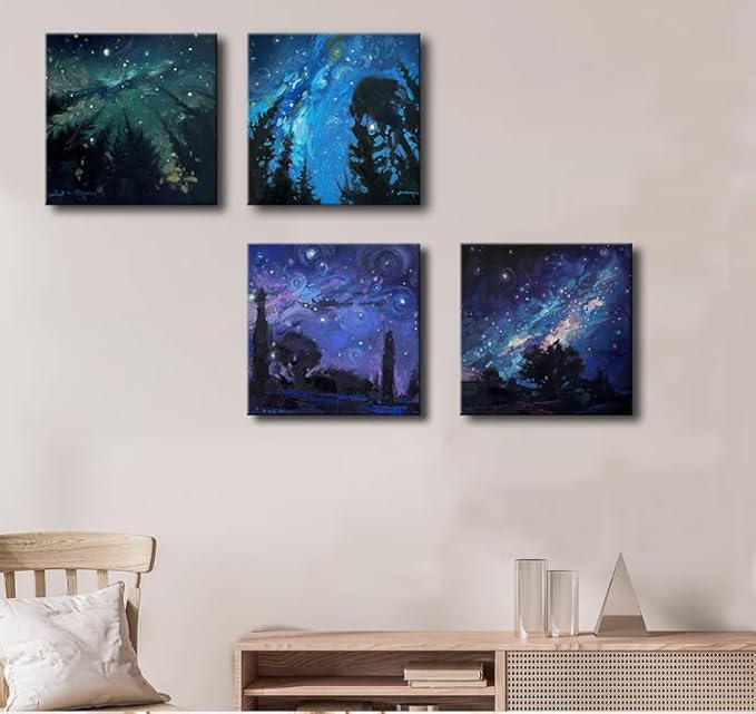 Blue Starry Night Canvas Wall Art Forest Tree Paintings Decor Abstract Nature Landscape Artwork Poster Prints Colorful Space Northern Lights Pictures Decoration for Bedroom Living Room Bathroom Office