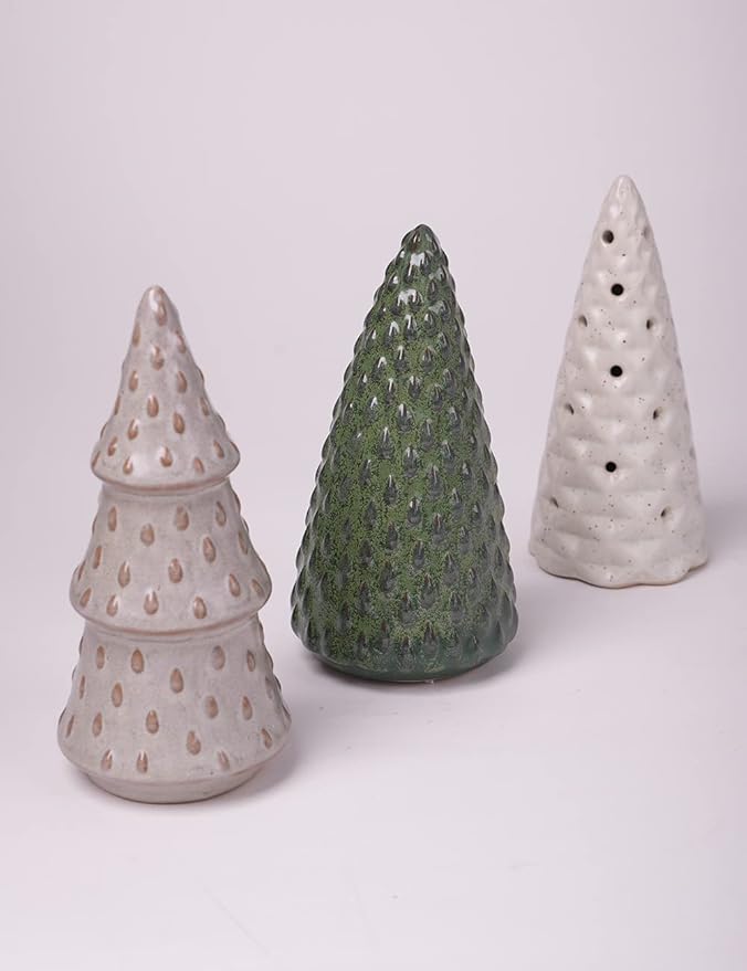 HAUCOZE 3pcs Christmas Figurine Decor Tree Statue Modern Sculpture Home Gifts Table Centerpiece Crafts Ceramic Arts 5.9inch