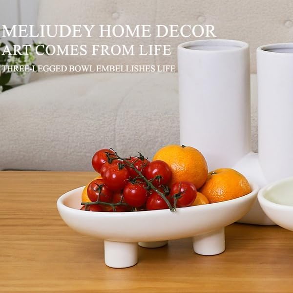 Luxurious Fruit Bowl Three-Legs Ceramic Fruit Bowl for Kitchen Counter, 10 Inch Fruit Basket Decorative Candy Bowl for Table Décor, Oval Large Bowls Key Bowl Home Table Décor (Crème 10 Inch)