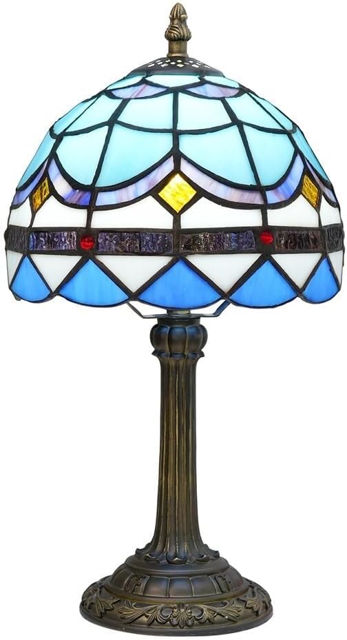 Tiffany Lamp 8 Inch Small Stained Glass Table Lamp Blue Mediterranean Handmade Warm Reading Bedside Lamp Dining Room Bedroom Living Room Office Study Tiffany Style Retro Home Decoration Crafts（feath）