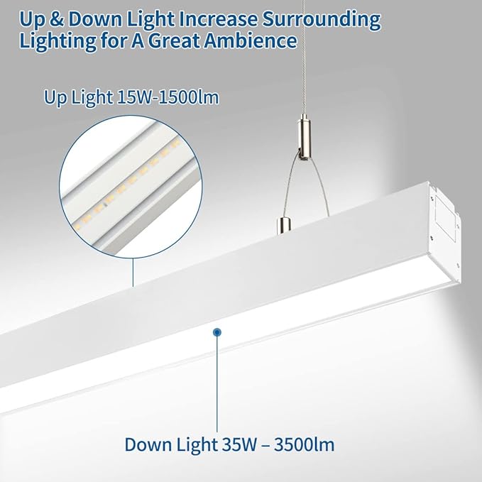 DAKASON 4FT Linkable LED Linear Light, 35W Down 15W Up Light, 3/4/5000K CCT Selectable, Commercial Linear Lighting Fixture for Office, Dimmable Suspended Lighting for School, Market, 4Pack White