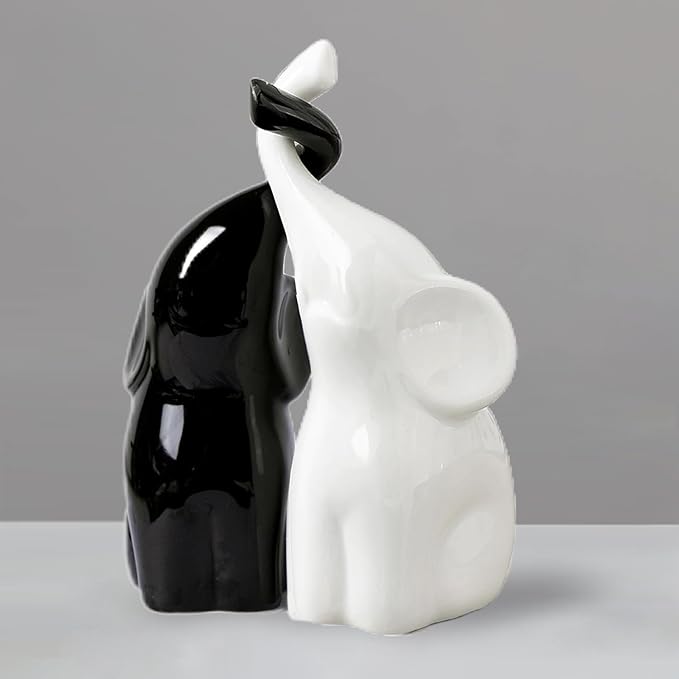 OwMell Set of 2 Loving Elephant Statue Figurine, 6" Elephant Ring Holder, Gifts for Couples Home Lucky Decor - Black White