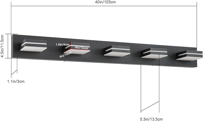 SineRise LED Modern Bathroom Vanity Light Fixtures (5-Light, 40-Inch, Dimmable), Matte Black Modern Acrylic Bathroom Wall Lighting Fixtures Over Mirror (Cool White 6000K)