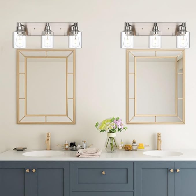 3-Lights Brushed Nickel Wall Sconce, Modern Bathroom Vanity Lights with Clear Glass Shades for Living Room Hallway Dress Table