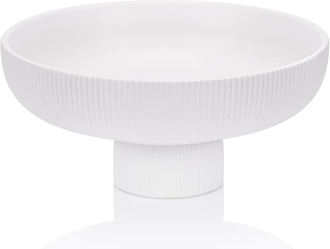 QIANLING Modern Decorative Bowl - Ribbed White Fluted Pedestal Bowl, Multi-Functional Fruit Bowl, Key Bowl, Candy Dish, Ideal for Entryway Table, Kitchen Counter, Living Room, Coffee Table Decor