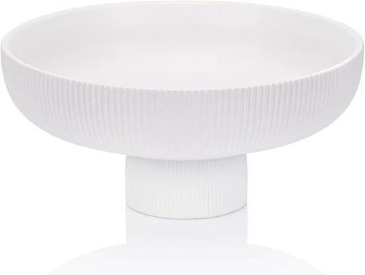 QIANLING Modern Decorative Bowl - Ribbed White Fluted Pedestal Bowl, Multi-Functional Fruit Bowl, Key Bowl, Candy Dish, Ideal for Entryway Table, Kitchen Counter, Living Room, Coffee Table Decor