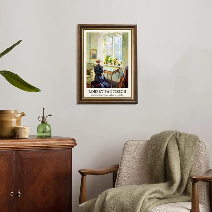 Yihaca Vintage Women Wall Art, a Woman Reading at a Window Paintings Decor Aesthetic,Vintage Brown Framed Canvas Print Artwork, Retro Portrait Wall Pictures for Bedroom Living Room,12x16inch