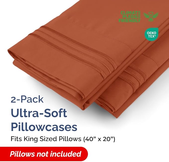 King Pillow Cases Set of 2 - Ultra Soft Hotel Quality Pillowcase Covers - Comfy, Cozy & Wrinkle Free - Shrinkage, Stain & Fade Resistant - Machine Washable Pillow Protectors - 2 Piece Set - Terracotta
