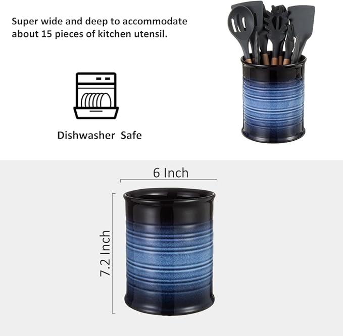 Nihow Kitchen Utensil Holder: 7.2 Inch Extra Large Ceramic Utensil Holder for Countertop - Stable Utensil Crock for Kitchen Counter Decor - Elegant Blue & Black (1PC)