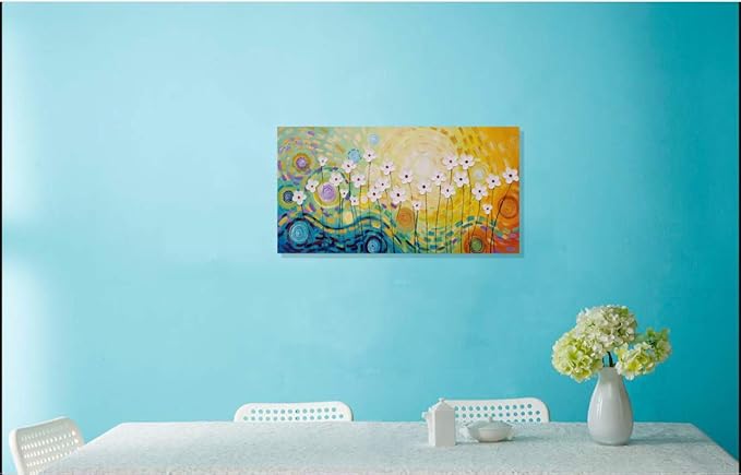 Yihui Arts White Flower Canvas Wall Art Hand Painted 3D Colorful Oil Painting Modern Aestheric Pictures for Living Room Bedroom Dinning Decoration