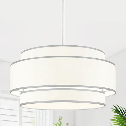 19.7''Drum Chandelier Dining Room Light Fixtures,3-Tier Modern White Fabric Brushed Nickel Pendant Lights,6-Light Kitchen Island Lighting Farmhouse Chandeliers for Living Room Foyer Staircase