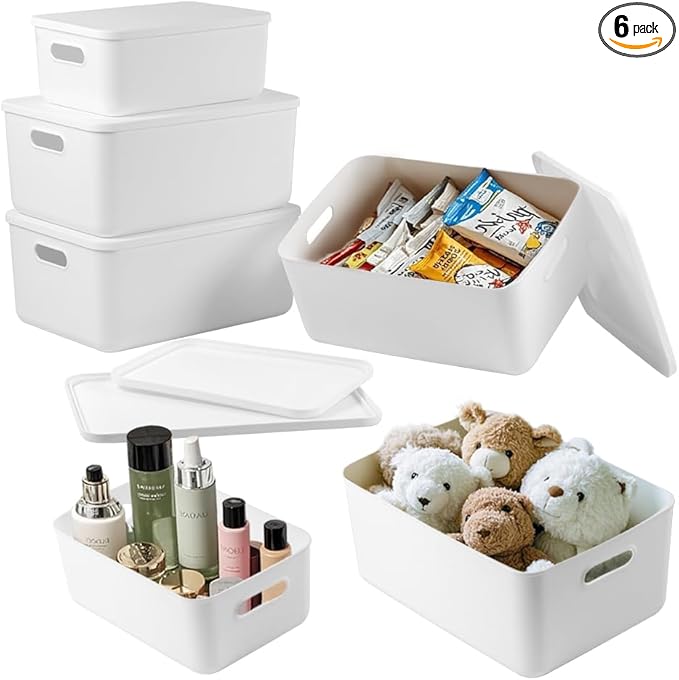 DOUKE White Plastic Storage Bins with Lids, 16qt & 8qt Stackable Storage Containers for Toys Crafts Snack, Aesthetic Lidded White Storage Baskets for Closet Shelves Pantry Office Playroom(4M+2S)