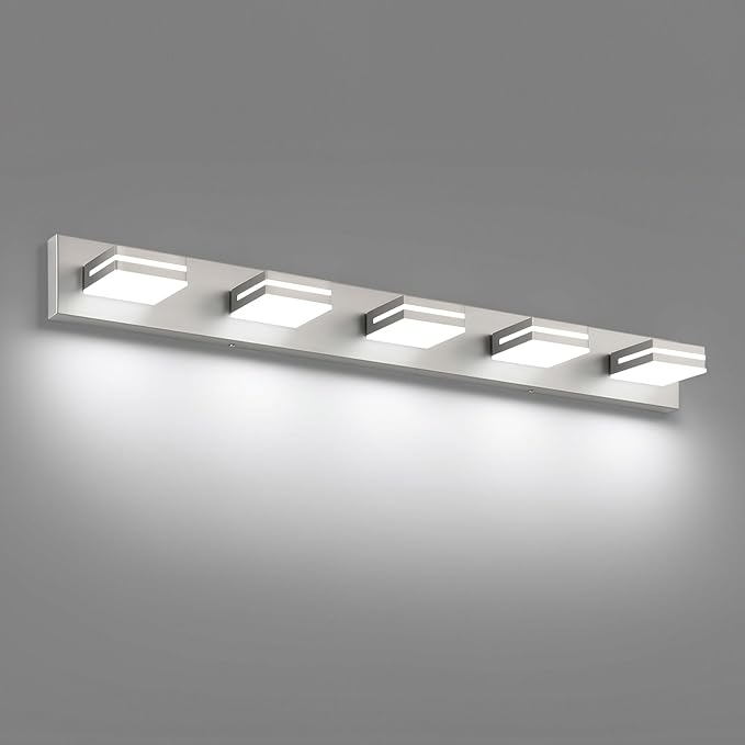 SineRise LED Modern Bathroom Vanity Light Fixtures (5-Light, 40-Inch), Brushed Nickel Modern Acrylic Bathroom Wall Lighting Fixtures Over Mirror (Cool White 6000K)