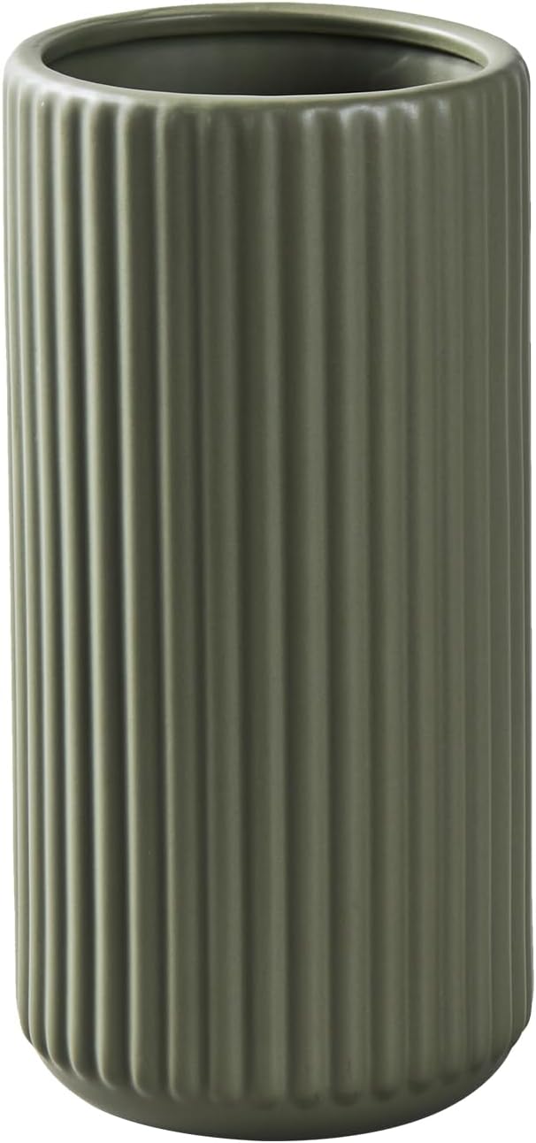 Green Ceramic Flower Vase for Pampas Grass, 10 inch Large Decorative Centerpiece Ribbed Vase for Dining Table, Office Desktop, Shelf Bookshelf, Mantel, Entryway, Bathroom, Countertop, Farmhouse, Gift